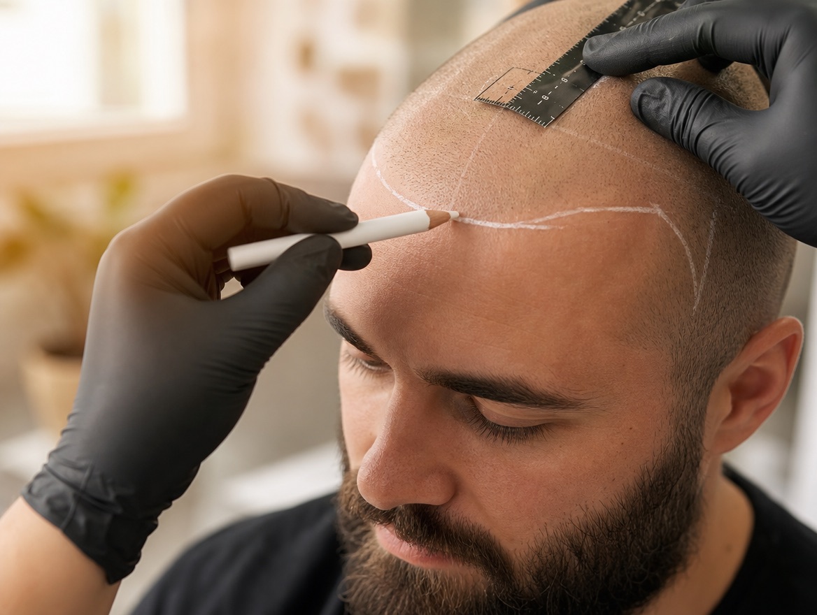 Haaransatz wird mit weißem Stift vorgezeichnet