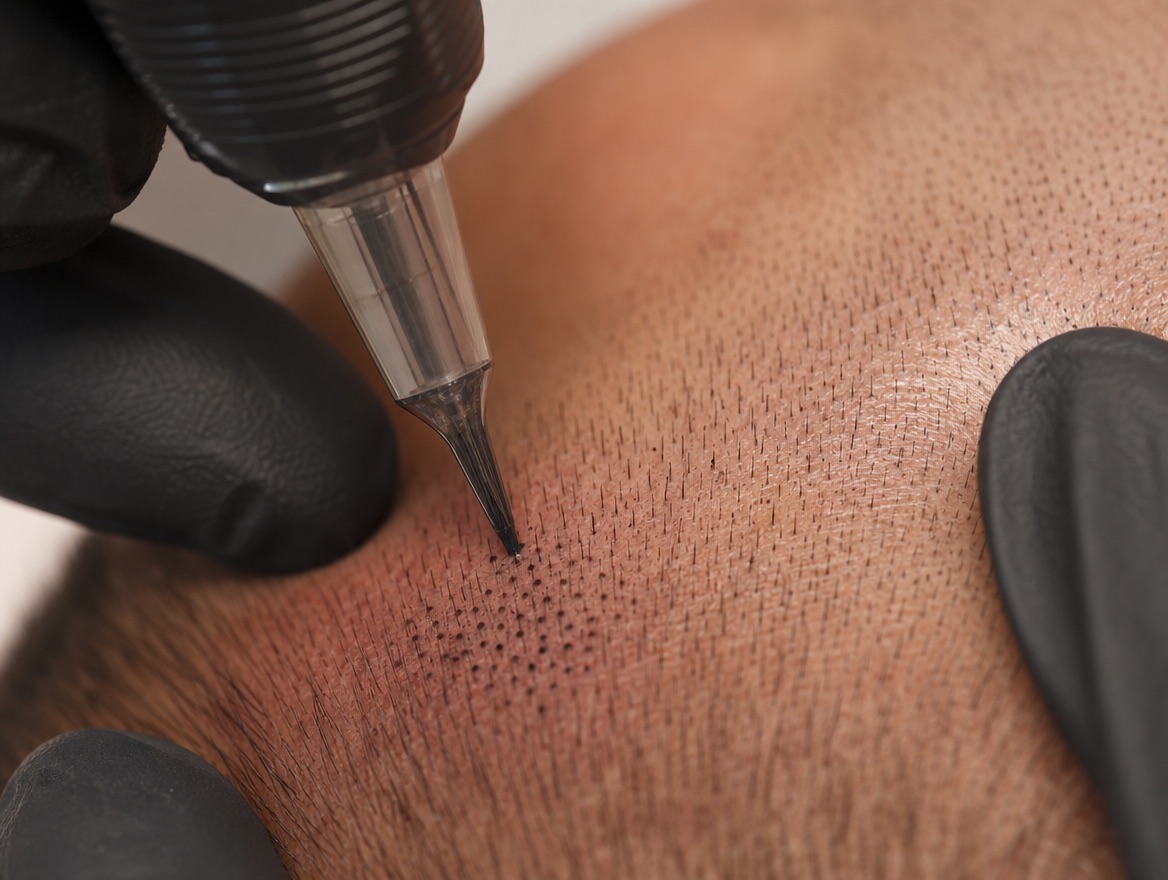 Nahaufnahme der Punktsetzung zwischen Haarstoppeln