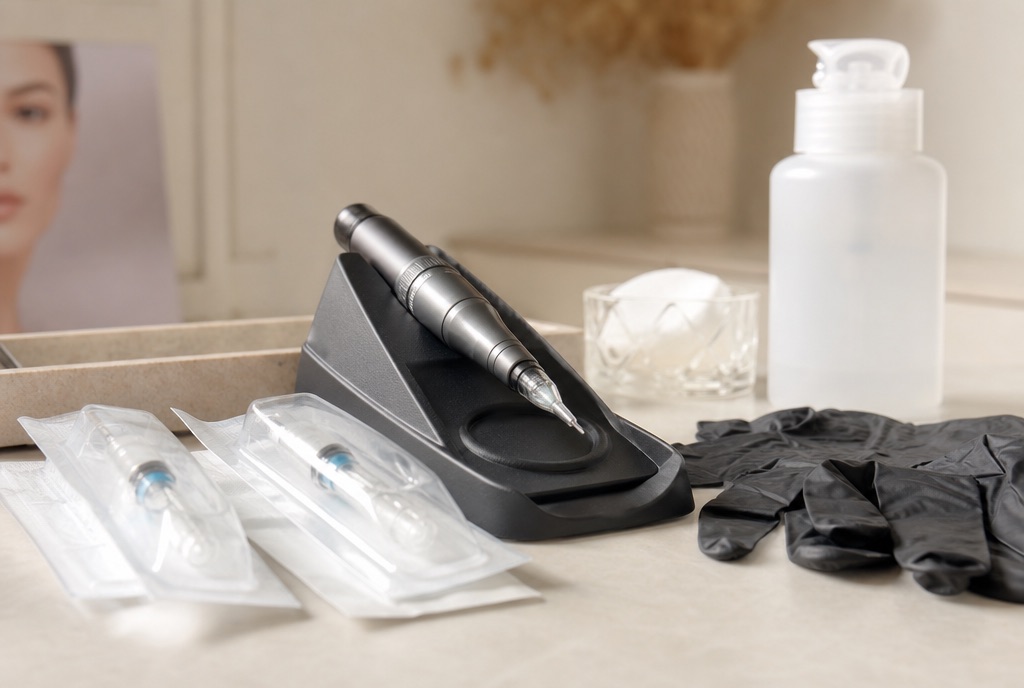 Gerät, sterile Nadelmodule und Hygienematerial am Arbeitsplatz